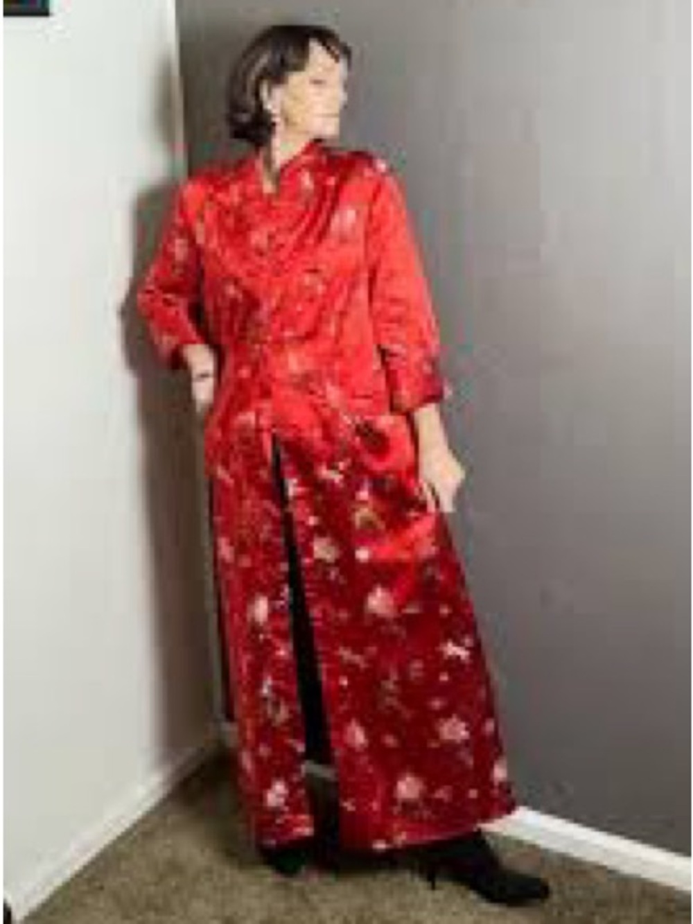 Vintage Satin Jacquard Red Kimono Duster from Peony,42